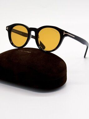 New Tom Ford TF1123 52E Round Black Yellow Men Sunglasses Authentic